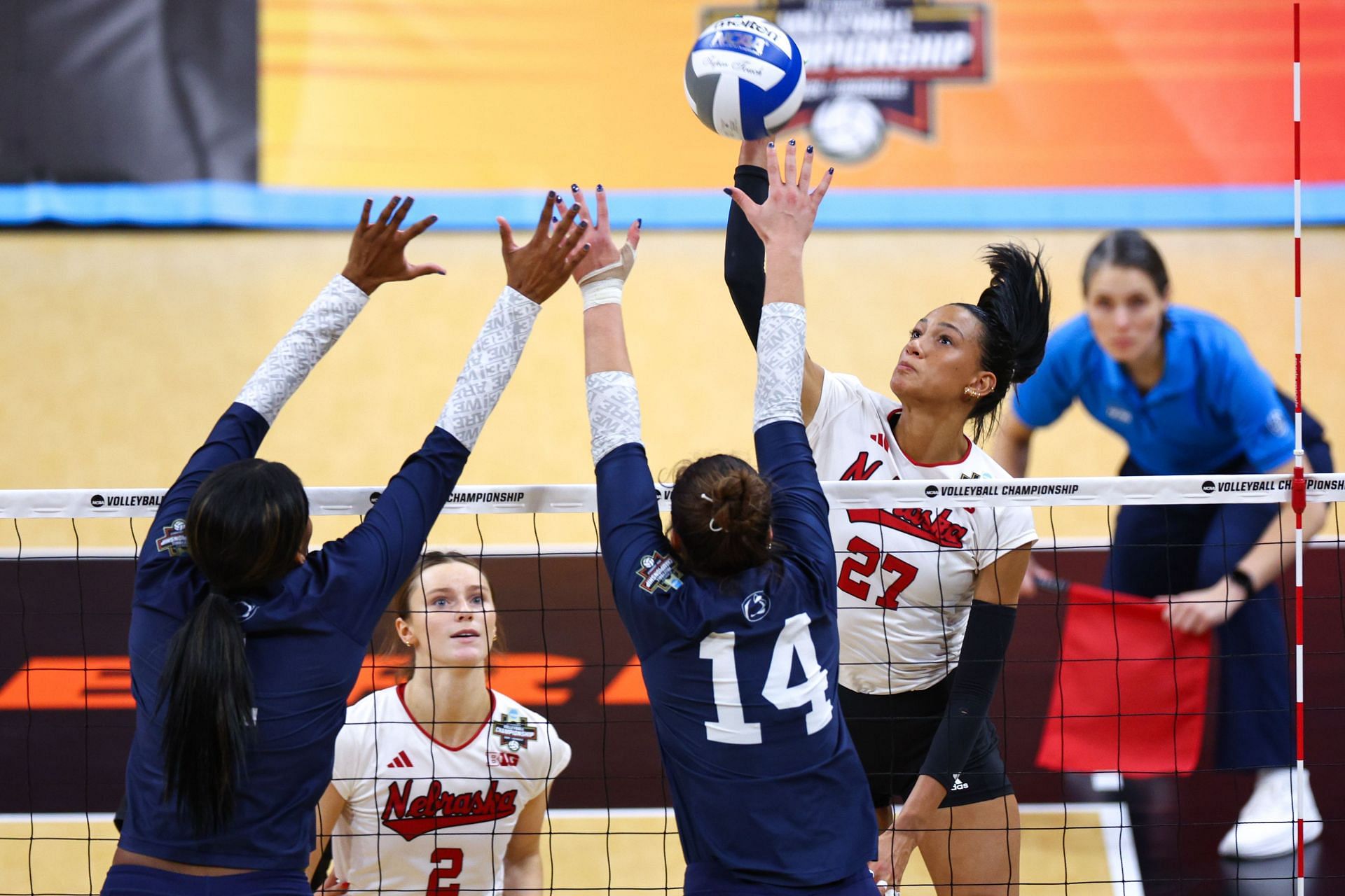 Nebraska Huskers hits the ball during the Division I Women's Volleyball Semifinals - Source: Getty